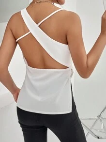 SHEIN Privé Top unicolor con tira cruzada de espalda abierta - Blanco - Ver 3