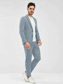GENTILAND Men Lapel Neck Flap Detail Blazer & Pants Set Without Tee - Baby Blue - View 5