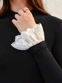 SHEIN Frenchy Mock Neck Contrast Lace Flare Sleeve Tee Casual Black - Black - View 7