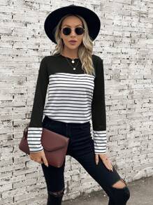 SHEIN LUNE Striped Print Colourblock Tee - Black and White - View 5