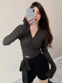 Chất rắn Tie Trước Áo phông Crop - Cà phê nâu - Xem 4