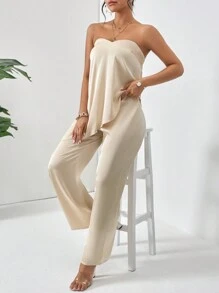 Firerie Solid Asymmetrical Hem Tube Top & Wide Leg Trousers - Apricot - View 6