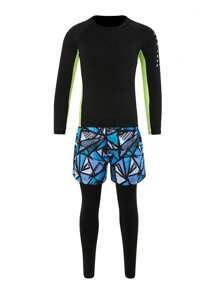 SHEIN Tween Boy Geo & Letter Graphic Raglan Sleeve Active Top & Pants - Multicolor - View 8