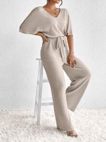 SHEIN Frenchy 女士蝙蝠袖腰帶寬腿連身褲 - 杏色 - 查看 4