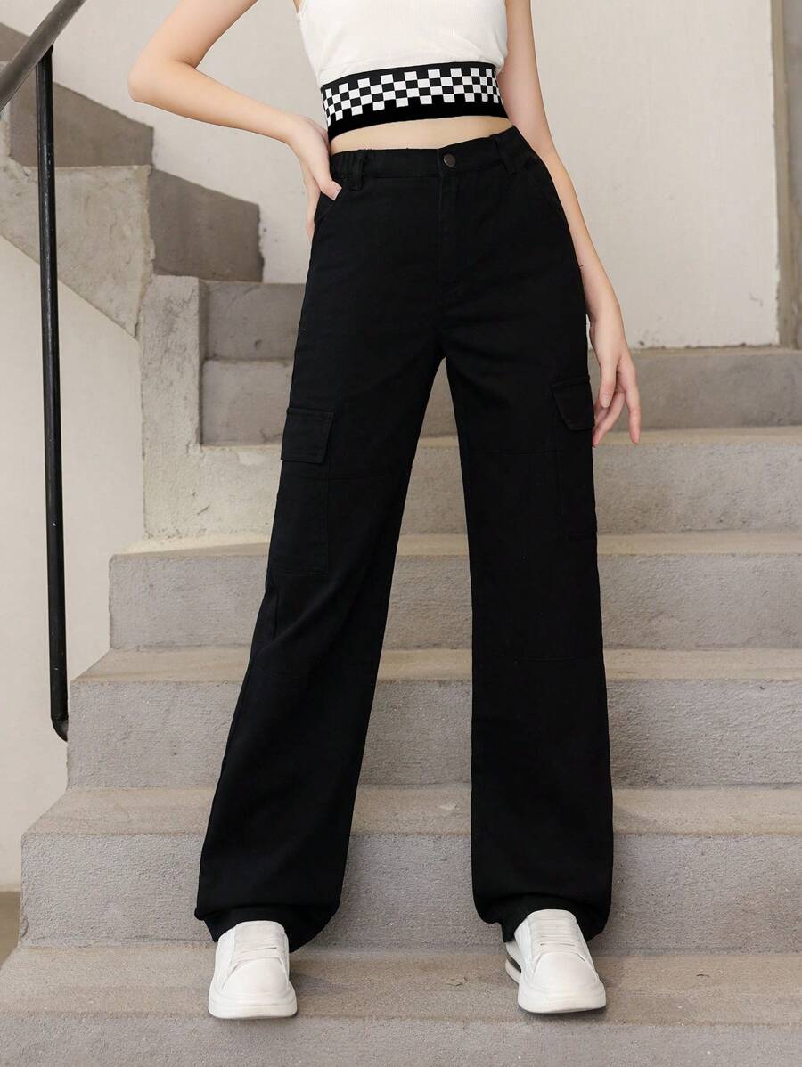 SHEIN 青少年女孩側翻蓋口袋工裝牛仔褲 - 黑色 - 查看 1