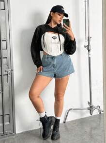 SHEIN EZwear 大码落肩抽绳超短款卫衣，无抹胸设计 - 黑色 - 查看 5
