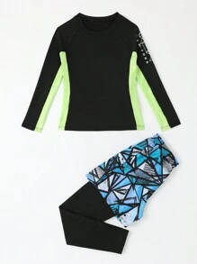 SHEIN Tween Boy Geo & Letter Graphic Raglan Sleeve Active Top & Pants - Multicolor - View 3