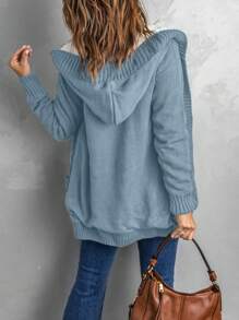 CILKOO Women's Casual Cable Knit Cardigan With Pockets, Loose Fit Solid Gray Blue Hooded Cardigan With Button Closure, Long Sleeve Top For Daily Wear - Dusty Blue - View 3