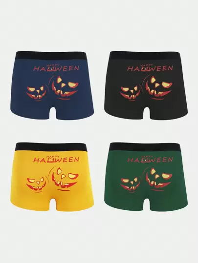 Men 4pcs Expression & Halloween Letter Print Boxer Brief
