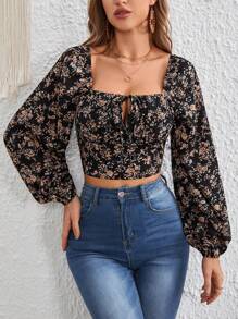 SHEIN VCAY 小碎花印花结饰灯笼袖短款衬衫、长袖上衣 - 彩色 - 查看 4