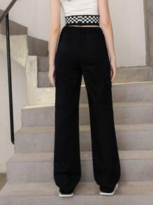 SHEIN 青少年女孩側翻蓋口袋工裝牛仔褲 - 黑色 - 查看 2