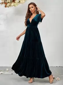 SHEIN Belle Plunging Neck Ruffle Hem Velvet Bridesmaid Dress - Green - View 4