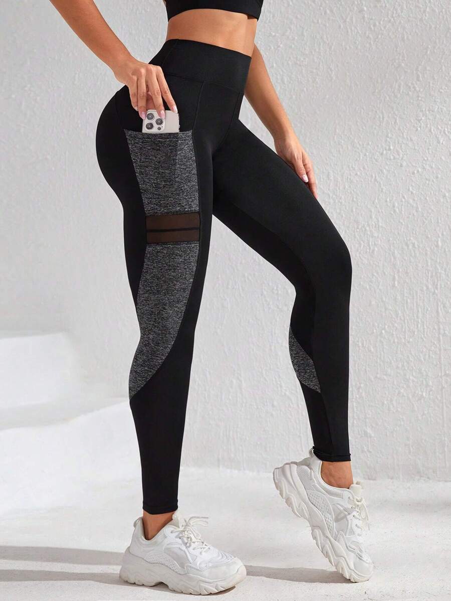 Easithlete Colorblock Contrast Mesh Phone Pocket Sports Leggings Yoga Women Pants - Black - View 1