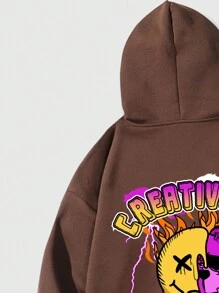 ROMWE MEN Street Life Các bạn Cartoon & Đồ họa chữ cái Dây rút Lót nhiệt Hoodie - màu nâu - Xem 6