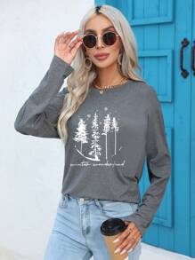 SHEIN Essnce 樹和標語圖案落肩T恤 - 淺灰色 - 查看 6