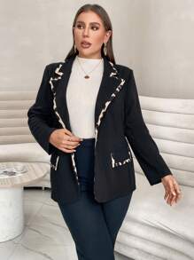 SHEIN Privé 對比色飾邊開襟西裝外套 - 黑色 - 查看 4