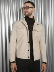 Manfinity VCAY 1 件宽松男士翻盖口袋长袖大衣 - 米色 - 查看 3