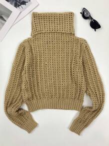 SHEIN Unity Solid Turtleneck Open Knit Sweater - Coffee Brown - View 2