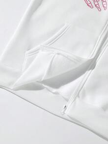 SHEIN Unity 骷髏手掌圖案拉鏈開襟抽繩加絨內裏連帽衫 - 白色 - 查看 3
