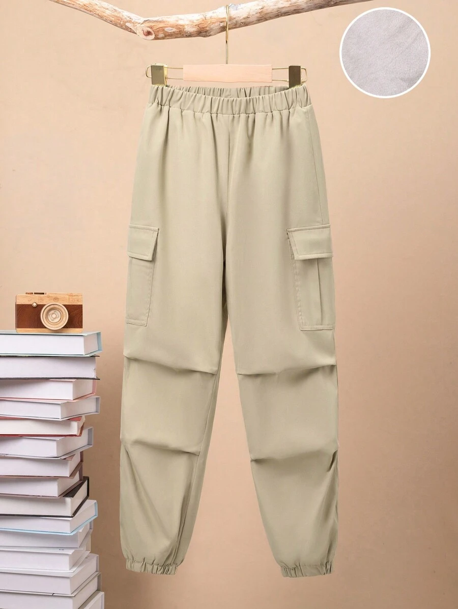 SHEIN Tween Boy Flap Pocket Side Cargo Pants - Khaki - View 1