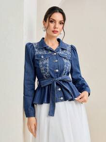 Mulvari Embroidery Detail Belted Denim Blouse - Medium Wash - View 1