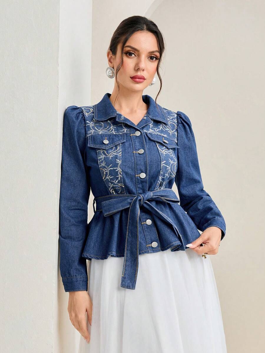 Mulvari Embroidery Detail Belted Denim Blouse - Medium Wash - View 1