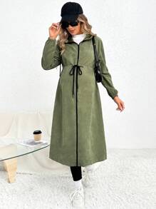 SHEIN Maternity Zip Up Drawstring Waist Hooded Coat - Army Green - View 3