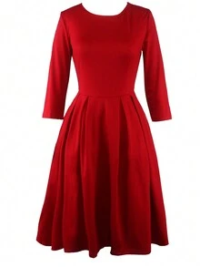 Vestido Cremallera Tablas Liso Elegante - Burdeos - Ver 3