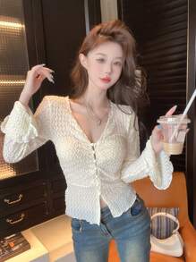 DAZY Solid Button Front Lettuce Trim Top,Ruffle Long Sleeve Women Tops