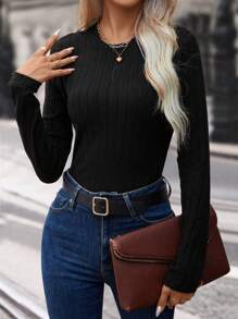 EMERY ROSE Camiseta de punto acanalado sólido para mujer de otoño - Negro - Ver 1