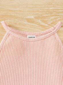 SHEIN Set de 3 piezas Conjunto informal de punto para bebé niña con chaleco de cuello halter acanalado - Multicolor - Ver 4