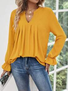SHEIN LUNE Notched Neck Flare Sleeve Plicated Detail Blouse - Yellow - View 3