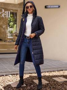 EMERY ROSE 女式高领加厚外套，带腰带、口袋、连帽，休闲、舒适、温暖、修身，适合夏季 - 藏蓝色 - 查看 5