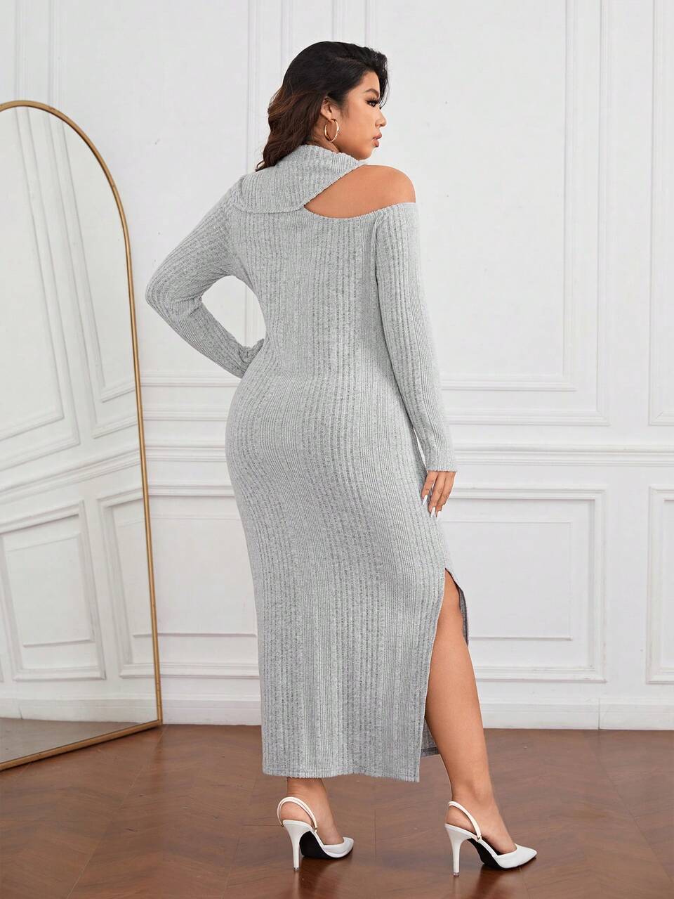 Plus Cut Out Split Thigh Ribbed Knit Dress