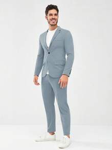GENTILAND Men Lapel Neck Flap Detail Blazer & Pants Set Without Tee - Baby Blue - View 6