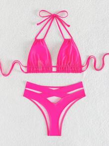 SHEIN Swim Summer Beach Cut-Out Halter Bikini Set - Hot Pink - View 5