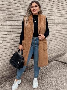 SHEIN CURVE+ Plus Áo khoác Teddy có mũ trùm đầu túi đôi, đi chơi, cho mùa đông - màu nâu - Xem 3