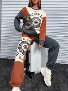 SHEIN Unity Letter Graphic Colorblock Drop Shoulder Sweatshirt & Sweatpants - Multicolor - View 5