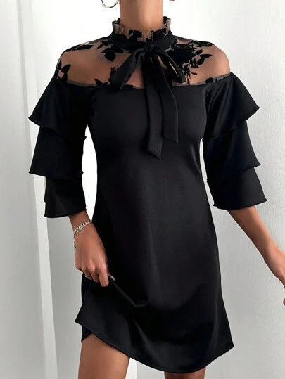 EURMUSE Contrast Mesh Tie Neck Ruffle Trim Dress