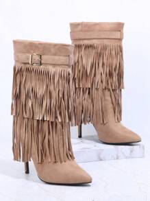 SHUZIA Faux Suede Fringe Detail Pointed Toe Boots - Camel - View 4