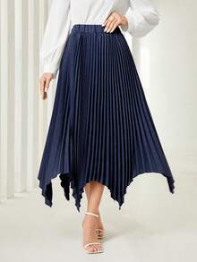 Modelyn Solid Hanky Hem Pleated Skirt - Navy Blue - View 6