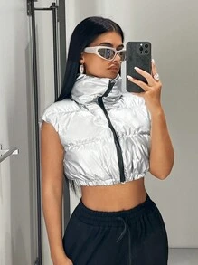 SHEIN ICON 拉链短款背心夹棉外套 - 銀色 - 查看 4