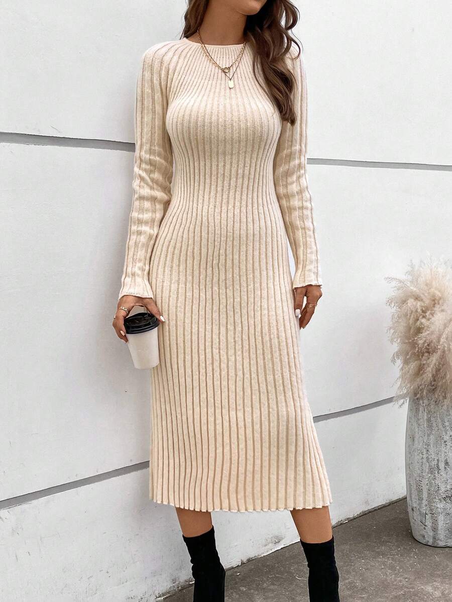 SHEIN LUNE Solid Ribbed Knit Sweater Dress - Apricot - View 1