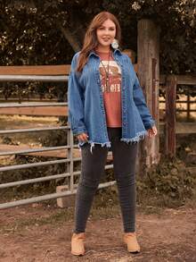 EMERY ROSE 大碼落肩袖毛邊緣牛仔夾克 - 中等水洗藍 - 查看 5