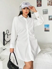 SHEIN EZwear Plus Ruched Button Front Shirt Dress - White - View 4