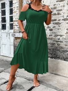 SHEIN LUNE 大碼蕾絲拼接挖肩荷葉邊洋裝 - 墨綠色 - 查看 5