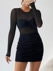 SHEIN Privé Lưới tương phản Xù Romper - màu đen - Xem 6