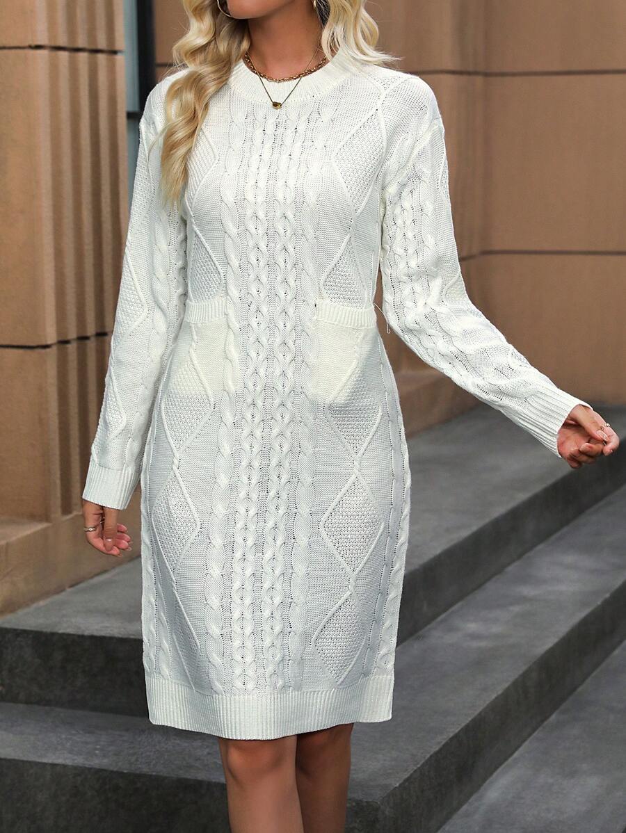 SHEIN Clasi Cable Knit Drop Shoulder Pocket Patched Sweater Dress - White - View 1