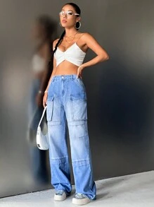 SHEIN ICON 翻蓋口袋工裝牛仔褲 - 中等水洗藍 - 查看 4