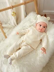 SHEIN Baby Boy Solid Tee & Pants & Hat for Christmas - Apricot - View 5